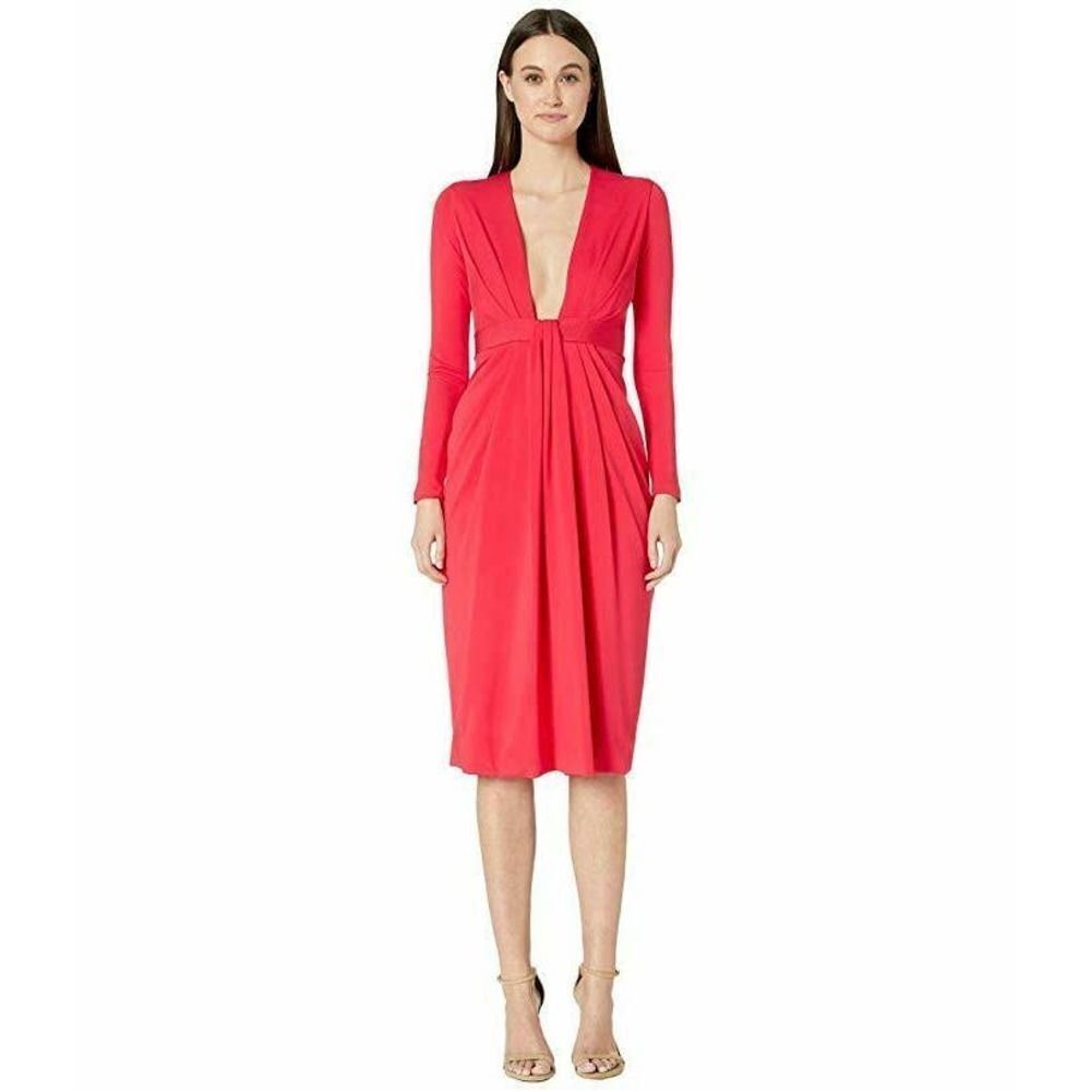 Cushnie et Och Plunging Neck Watermelon Red Long Sleeve Midi Dress NWT Womens 6